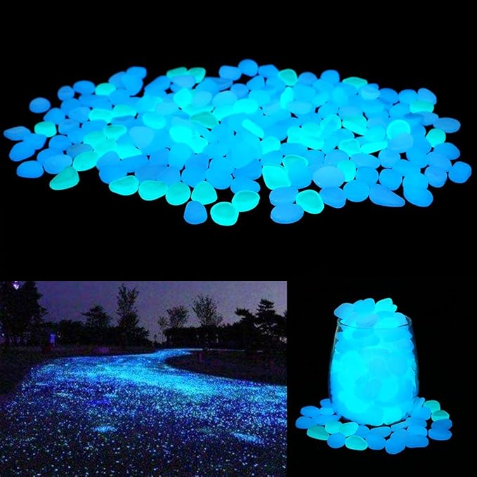 UNIME Glow in The Dark Garden Pebbles Stones Rocks for Yard and Walkways Decor, DIY Decorative Luminous Stones in Blue (200 PCS)