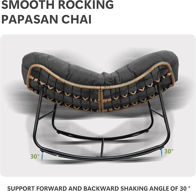 Patio Rocking Chair, Oversized Papasan Rocking Chair with Cushion and Frame for Indoor& Outdoor, Deep Seat Egg-Shaped Rocker Chair for Garden, Deck, Living Room, Grey
