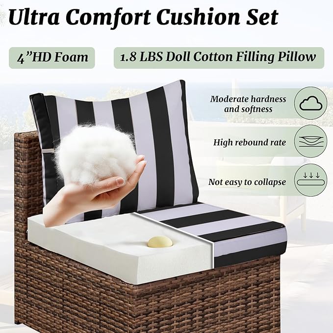 Outdoor Sectional Cushions Replacement Set, 26x26in Patio Furniture Cushions, 14 Pieces Waterproof Outdoor Couch Cushion for 6 Seat Wicker Conversation (Black and White Stripes)