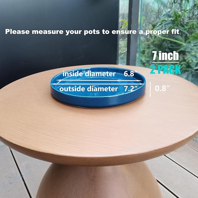 Ceramic Plant Saucer 7 Inch, 2 Pack Round Plant Trays for Indoors/Outdoors, Flower Pot Saucers for Holding Water Drips and Soil, Ceramic Drainage Tray for Plant Pot (Blue)