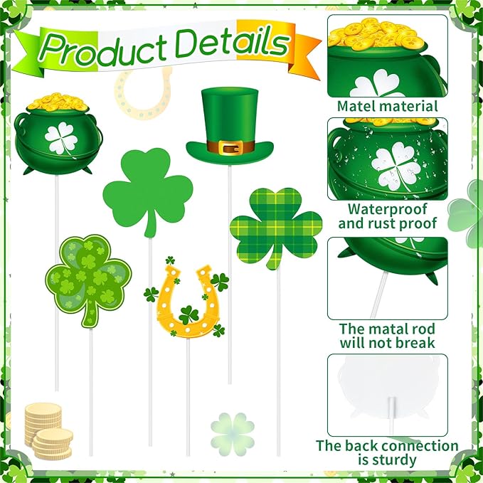 Pickmesh 6 Pcs 12" H St. Patrick's Day Yard Sign Shamrock Metal Yard Sign Irish Barn Garden Stake for Planter Pot Walkway Pathway Saint Patricks Outdoor Decor Lawn Decoration