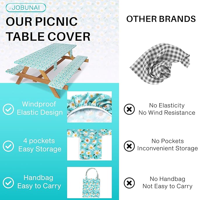 Picnic Table Cover with Bench Covers Waterproof Camping Tablecloth with Elastic for 8 Ft Rectangle Tables Outdoor Travel Essentials list Summer Rv Vacation Finds Gifts Ideas for Mens Womens