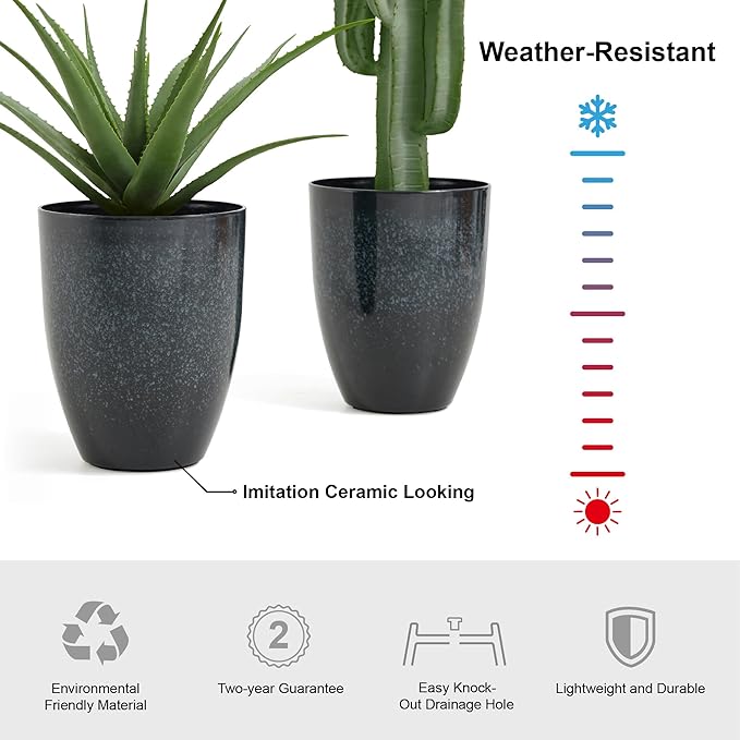 Glitzhome 16.75" H Garden Tall Planter Pots,Set of 2 Modern Round Tall Planter with Drainage Holes,PE and Stone Faux Ceramic Large Flower Pots for Outdoor Indoor,Ceramic Gradient Turquoise