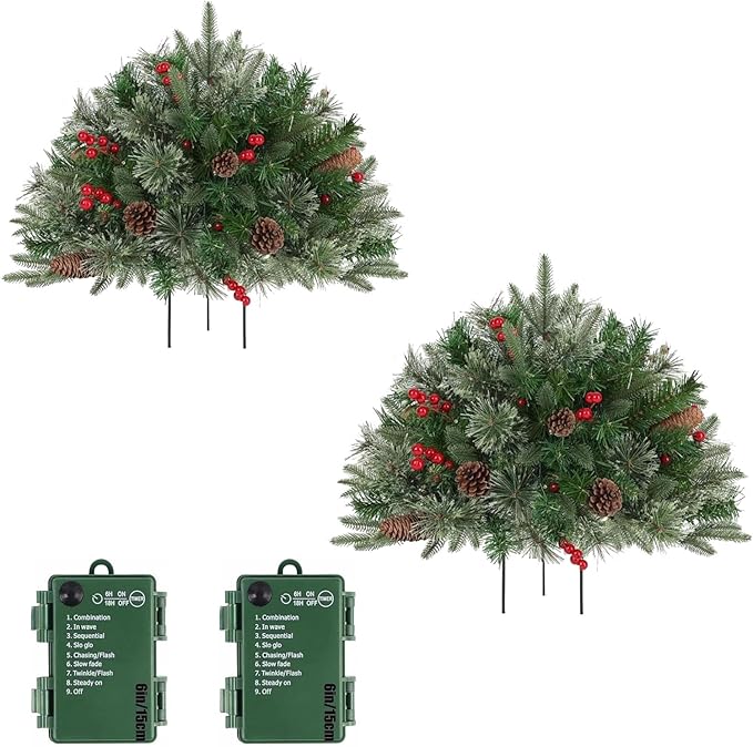 2026 New Christmas Planter Filler,Prelit Planter Bushes,Christmas urn fillers for Outdoor Holiday Planters Decorations,with Tripod Stake LED Lights. (2, Green)