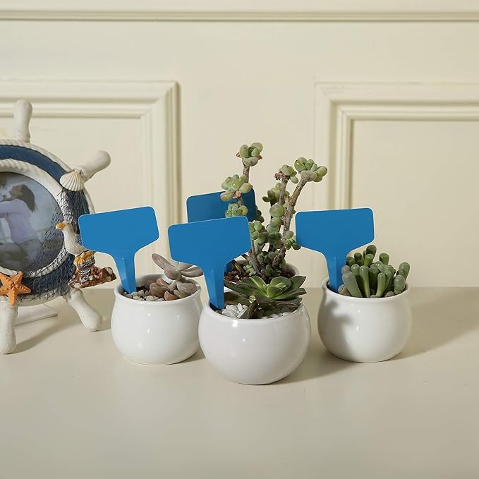 100 Pcs T-Type Plant Labels with a Gel Pen, Waterproof Nursery Plant Tags Plastic Garden Markers, Blue, 6 x 10cm