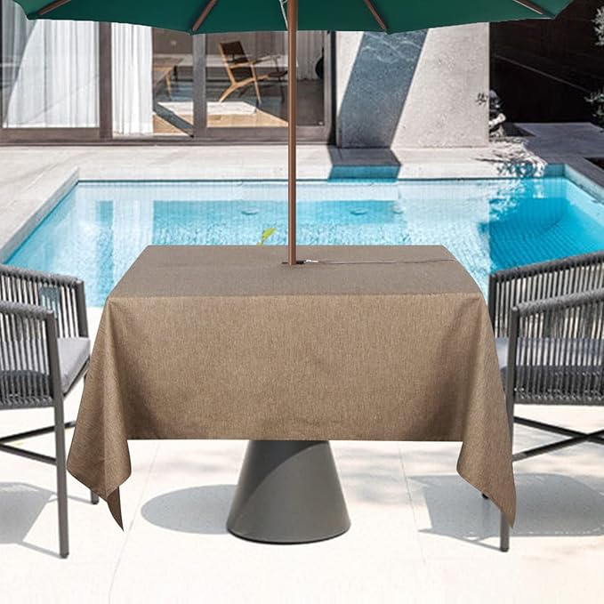 Outdoor Tablecloth Wrinkle-Free Stain Resistant Waterproof Polyester Fabric Table Cover with Zipper Umbrella Hole for Picnic/Party/Dinner/Patio Garden(60×60inch Square,Zippered,Flax)