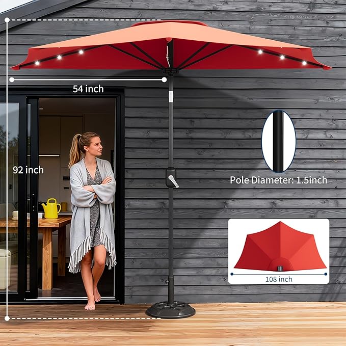 Garvee Patio Umbrella 9FT - Half Umbrella Outdoor with Solar LED Lights and Smooth Crank Lift, Outdoor Shade Canopy for Patio, Backyard, Garden, Deck, Balcony -Red