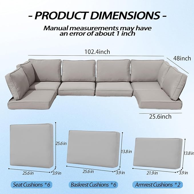 Outdoor Cushions for Patio Furniture,14Pieces Water-Resistant Replacement Cushions Fits 6-seat Sectional Rattan Conversation Set Outdoor Patio Sofa Cushion,Liner&Cover(Grey)
