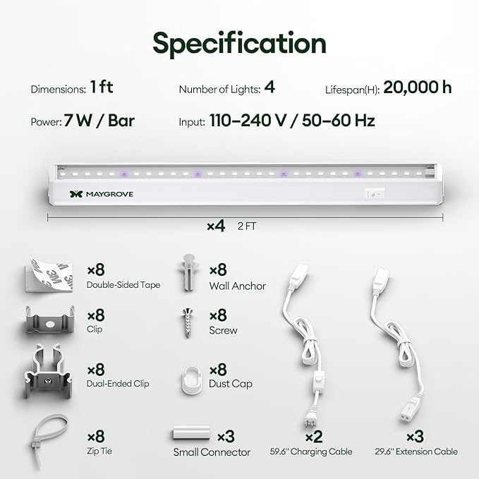 Grow Lights for Indoor Plants 1FT, Blue-Rich Full Spectrum 5000K Grow Light, 28W(4 x 7W), T5 LED Grow Light Strips for Succulents, High PPFD, Linkable, White, 4-Pack