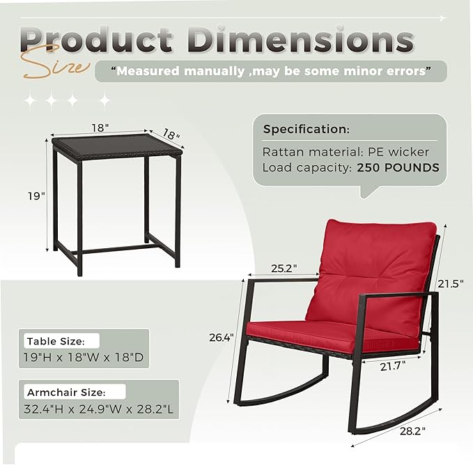 SUNCROWN 3 Piece Outdoor Rocking Bistro Set Black Wicker Furniture Porch Chairs Conversation Sets with Glass Coffee Table, Red