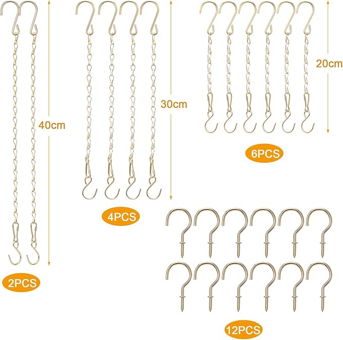 Hotop 12 Set Ceiling Hooks with Hanging Chains for Bird Feeders, Planters, Lanterns, Billboards, Birdbaths, Grow Lights, Chalkboards, Wind Chime and Other Ornaments, Chain Hook DIY (Gold)