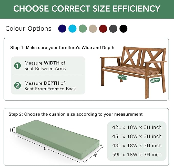 Outdoor Bench Cushion: Waterproof and Fade Resistant Patio Furniture Cushions - Non-slip Bench Pad Cushion with Removable Cover for Garden Swing Porch Sofa Settee, 48 x 18 x 3 Inch, Sage Green