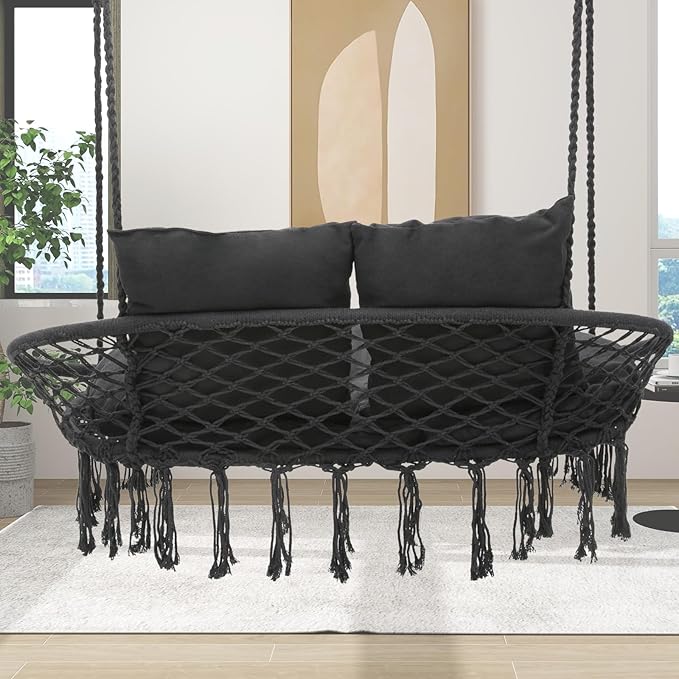 Athena Collection Hammock Swing Chair with 2 Seat, Max 700 Lbs, Outdoor Large Cotton Rope Chair Hanging Macrame Chair with 3 Soft Cushion, Swing Chair for Outdoor Indoor Patio Garden, Black