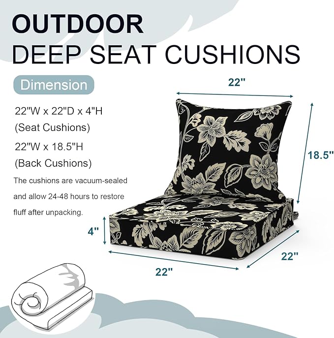 Outdoor Deep Seat Cushion Set, Water Repellent 22"x22" Patio Thick Cushions Replacement with Seat & Back Pillow for Patio Sofa, Wicker Chair, Couch - Vines Black