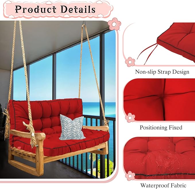 2-3 Seat Swing Replacement Cushion, Outdoor Bench Cushions with Backrest Thicken 4", Patio Furniture Garden Porch Loveseat Glider Pad Anti-Fading Waterproof (Red, 40x55in)