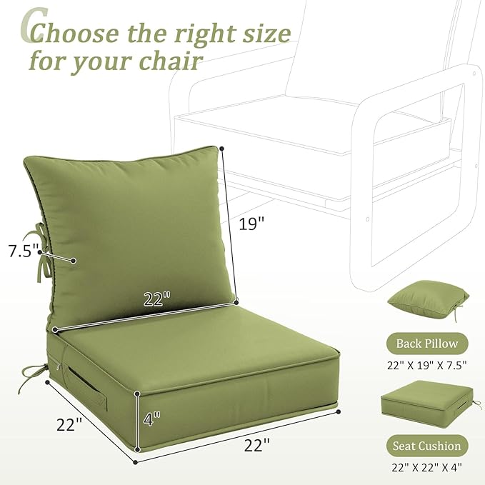 Outdoor Patio Chair Cushions Set 22 L X 22 W X 4 H Waterproof & Fade Resistant Deep Seat and Back Cushions with Removable Covers Outdoor Seat Cushion Set for Chairs and Sofas