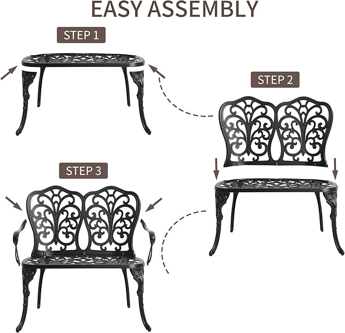 HOMEFUN Outdoor Bench, Patio Garden Benches Metal Loveseat Cast-Aluminum Outside Furniture for Park Lawn Front Porch Black