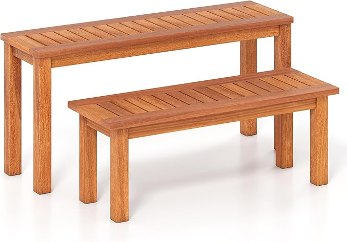HOMGX Wooden Plant Stand Set of 2, Multifunctional Outdoor Backless Garden Bench with Slatted Seat, Easy Assembly, Rustic Flower Display Shelf for Yard, Entryway, Max Load 330 lbs, Natural