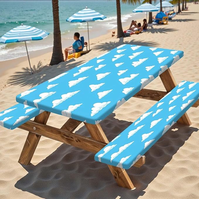 Picnic Table Cover with Bench Covers and Bag, Outdoor Waterproof Windproof Tablecloth with Elastic Edges, Camping Accessories RV Gear Campers 3 Pcs Set, 96X30in Blue Sky Cloud