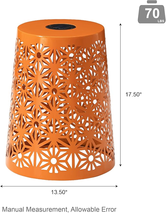 Glitzhome Ourdoor Side Table Set of 2,Solar Iron Cutout Geometric Pattern Decorative Garden Stool Planter Stand,Accent Table or Lantern for Patio Poolside Party Yard,Orange