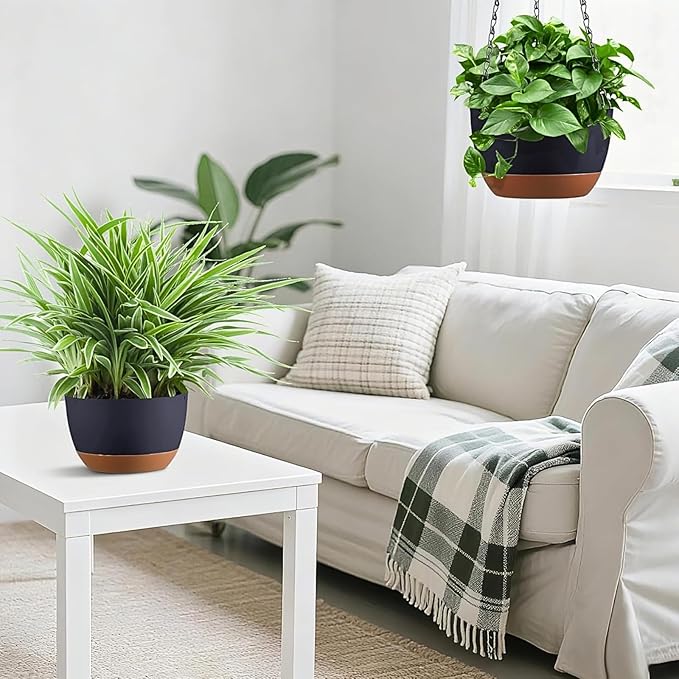 Hanging Planters for Indoor Plants, Set of 2 8/10 Inch Self-Watering Hanging Pots with Drainage Hole & Removable Water-Storage Tray II Screw-in Hooks II