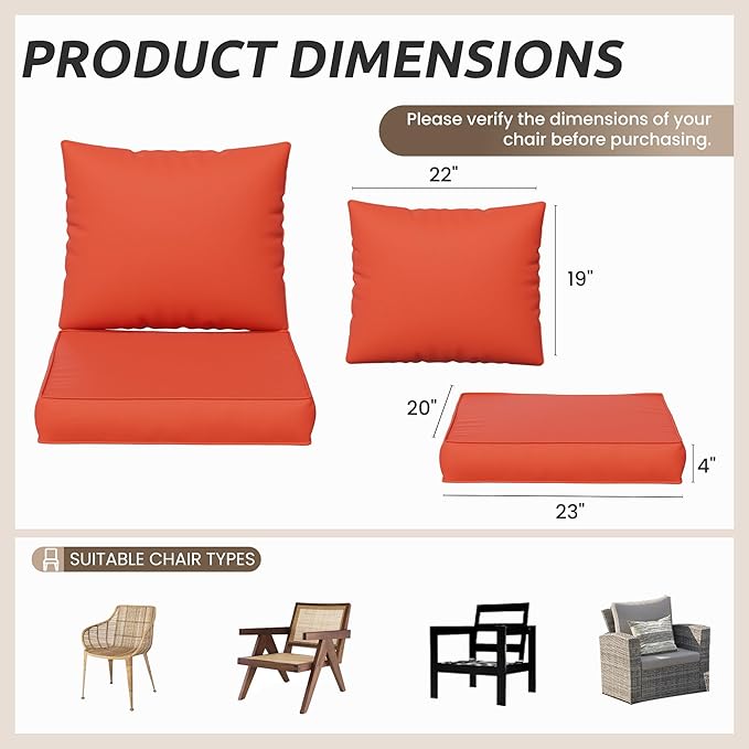 Amopatio Outdoor Chair Cushions 22.5"× 20.3" × 4", Set of 4 with Removable Cover, Waterproof & Fade Resistant seat Cushions for Patio Furniture, Orange Red
