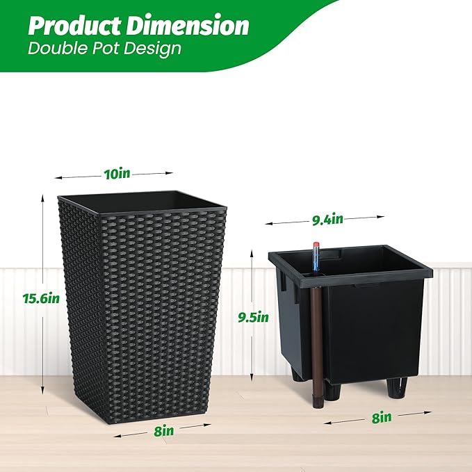 16 Inch Tall Planter Set of 2 Large Rattan Flower Pot with 2 Trays & a Water Level Monitor & Wheels Outdoor and Indoor for Patio, Porch, Living Room, or Home Office, Black