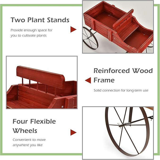 Wooden Wagon Planter with Wheels, Indoor/Outdoor Flower Cart w/Dual-Compartment & Adjustable Handle, Decorative Garden Planter for Home, Yard, Wedding (Red)