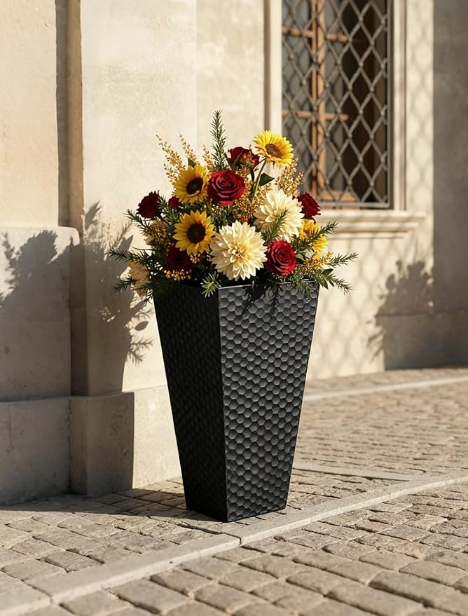 Sziqiqi Metal Tall Planter for Outdoor: Set of 2 Honeycomb 21.6in Large Taper Plant Pots with Inner Pots - Black Flower Pot with Drainage Holes for Indoor Outside Front Door Patio Garden Floor