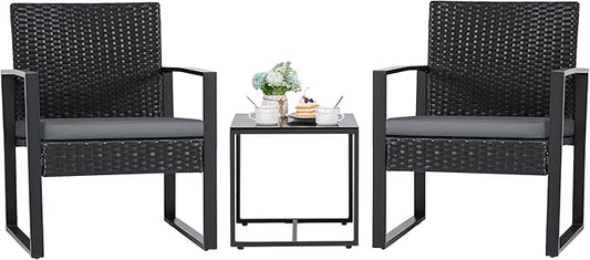 Flamaker 3 Pieces Patio Set Outdoor Wicker Furniture Modern Bistro Rattan Chair Conversation Sets with Coffee Table for Yard (Grey)