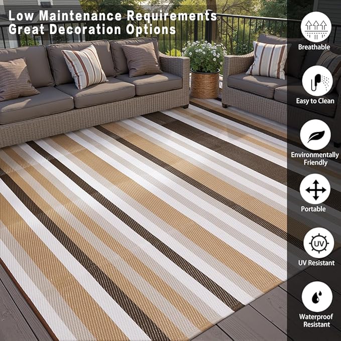 HUGEAR Outdoor Waterproof Rug 6'x9' Plastic Straw Rugs Washable Reversible Floor Mat Brown Stripe Carpet for Camping RV Deck Entryance Porch Picnic Balcony Beach Backyard