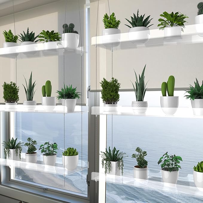 2-Pack Hanging Clear Plant Shelves for Windows, 3-Tier Acrylic Window Wall Plant Stand Shelf for Kitchen Window Indoor Gardens, Flower,Fleshy Plant,Herb, Seedling Organization, and Plants Pots Display