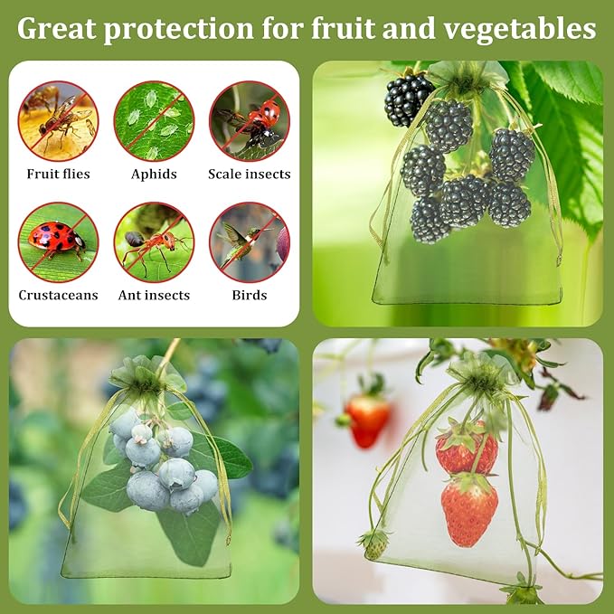 100Pcs Fruit Protection Bags, 4×6inch Fruit Netting Bags for Fruit Trees, Green Fruit Netting Cover Drawstring Mesh Bags Pest Barrier for Strawberry Blueberry Small Fruit