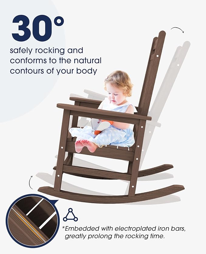 KINGYES Outdoor Rocking Chair Set of 6, All-Weather Patio Rocking Chairs for Porch, HDPE Rocking Outdoor Chairs with High Back for Adult, Heavy Duty Outdoor Patio Rockers for Garden, Lawn, Brown