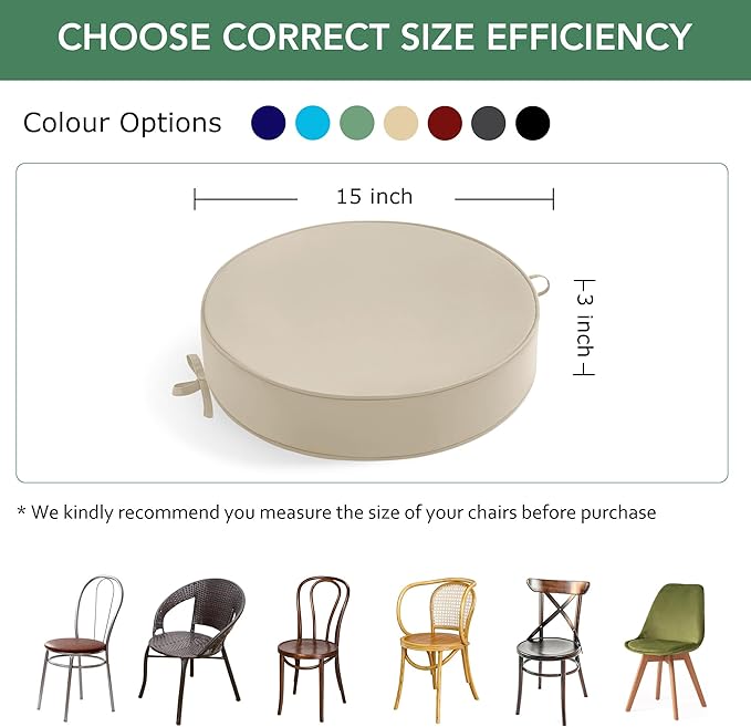 Outdoor Bistro Chair Cushions Set of 2, 15" D x 3" H Round Chair Cushions Waterproof and Fade Resistant Chair Cushion Pads with Non-Slip Ties and Removable Covers for Garden, Cream