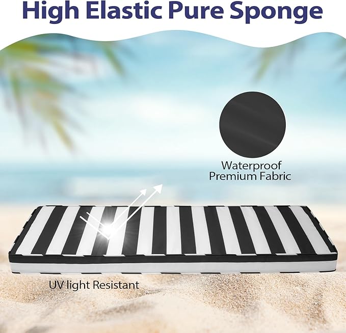 Outdoor Bench Cushion 48x18x3 Inch with Ties, Thick Waterproof Porch Swing Cushions for Patio Furniture Chair Pad, Seat Sofa Garden Replacement Cushion Sponge Filling (Black&white Stripes, 48x18)