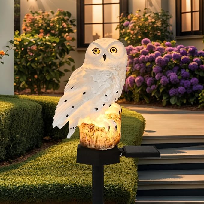Solar Powered Garden Owl Decor - Outdoor Yard Statue for Outside Lawn Ornament Patio Decorative Waterproof Halloween Decorations Stake Bird Lights for Landscaping Backyard Christmas