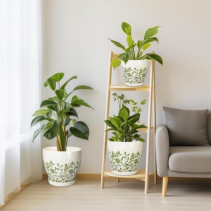 Ceramic Flower Pots Indoor - 10+8+6 Inch Ceramic Planters for Outdoor Plants, Boho Round Planter Pots with Drainage Holes and Saucers, Plant Lover Gifts, Patio Decor, Set of 3, White