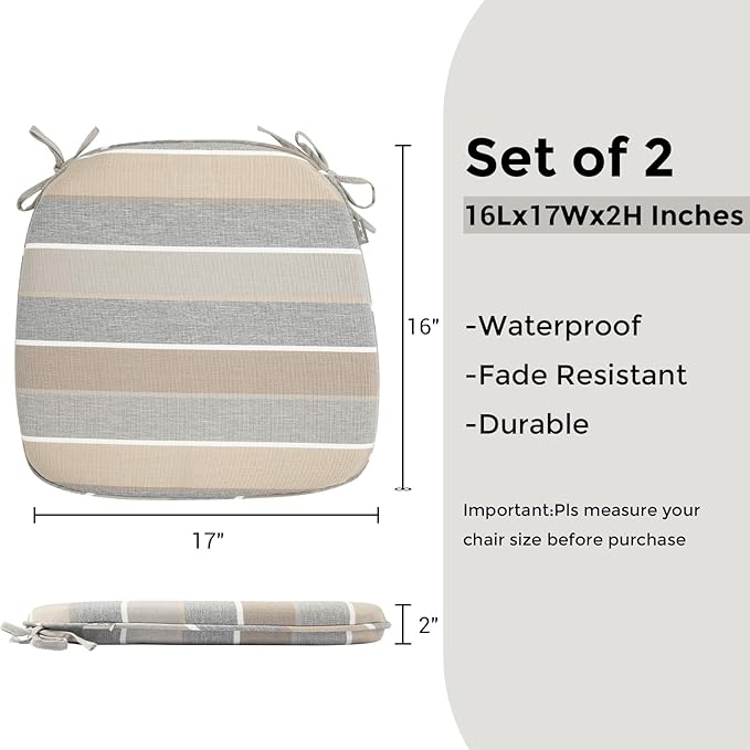 Outdoor Chair Cushions Set of 2,Patio Seat Cushion 17"x16"x2",U-Shaped Dining Chair Cushion 17 by 16 Inch,Water Resistant,Fade-Resistant Chair Pads for Kitchen Garden Furniture(Gray Stripe)