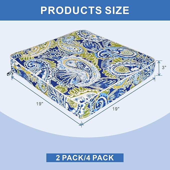 Outdoor Chair Cushions 19 x 19 Inch Set of 4 Water Resistant Seat Cushions with Ties, Outdoor Cushions for Patio Furniture with 3-Year Fade Resistant
