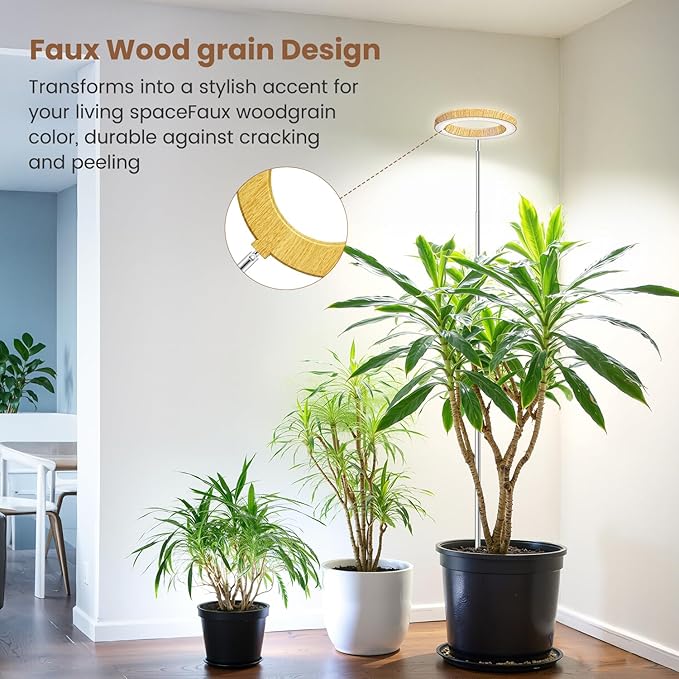 Grow Lights for Indoor Plants, Full Spectrum Plant Lights for Indoor Growing, Height Adjustable 10"-65" Faux Wood Grain Grow Lamp with 6/12/16H Timer, 3 Optional Spectrums, 5 Brightness