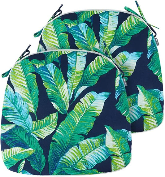 Magpie Fabrics 17"x16"x2" U-Shape Chair Cushions with Ties 2 Count, Outdoor Indoor Waterproof All Weather Seat Pads Decoration for Patio Garden Dining Office - Green Lagoon Leaves