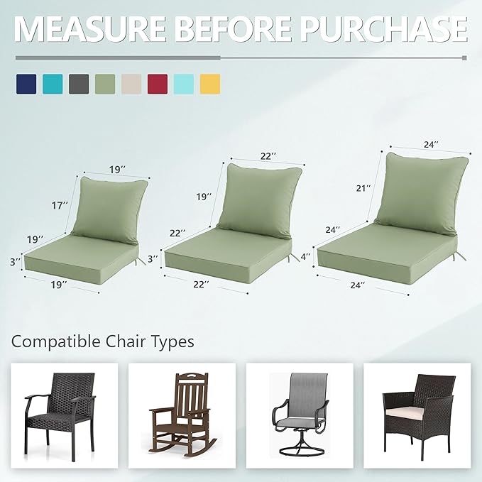 22x22 Inch Patio Chair Cushions Set of 4, Outdoor Furniture Cushions - Removable Cover, Water-Repellent, Fade-Resistant, Non-Slip Bottom & Straps, Replacement for Lawn, Porch & Deck Chair - Sage Green