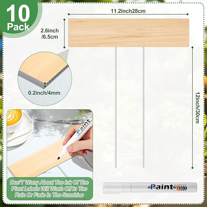 10 Set Jumbo Outdoor Plant Label Stakes Waterproof Nursery Garden Markers Plastic T Type Plant Tag Identification Stake with Marker Pen for Herb Vegetable Flowers, 12" High(Wood Color)