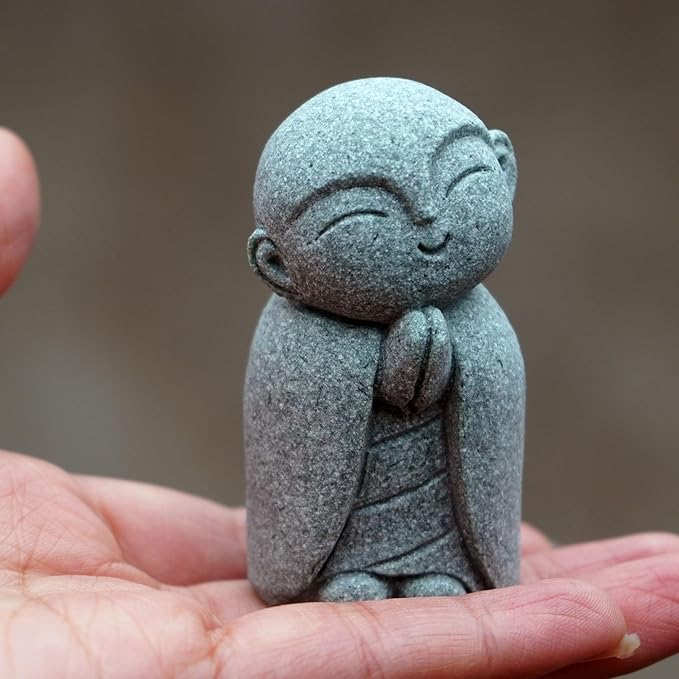 OwMell Japanese Jizo Monk Statue, Buddha Jizo Figurine Memorial Aquarium Statue Ornament - Tilt Smile