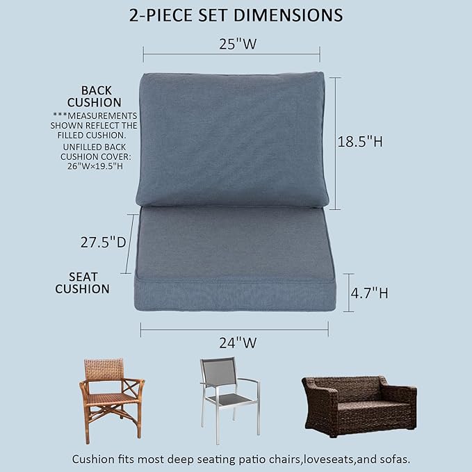 Sunbrella Outdoor Patio Chair Cushions Set, 24x27.5 Inch Outdoor Deep Seat Cushions Set of 2,Water-Resistant,Piped Edges & YKK Hidden Zipper,Sunbrella Spectrum Denim