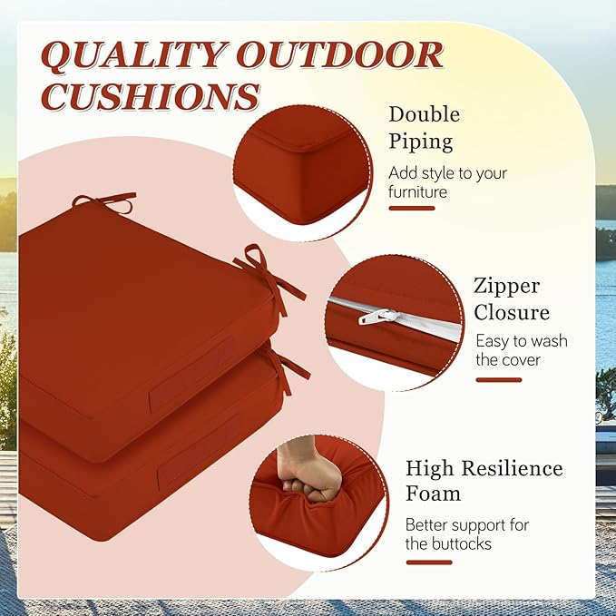 Waterproof Outdoor Chair Cushions Set of 2, Square Outdoor Seat Cushions with Ties and Removable Covers, 19 x 19 Outdoor Cushions for Patio Furniture with Portable Handle(Rust)