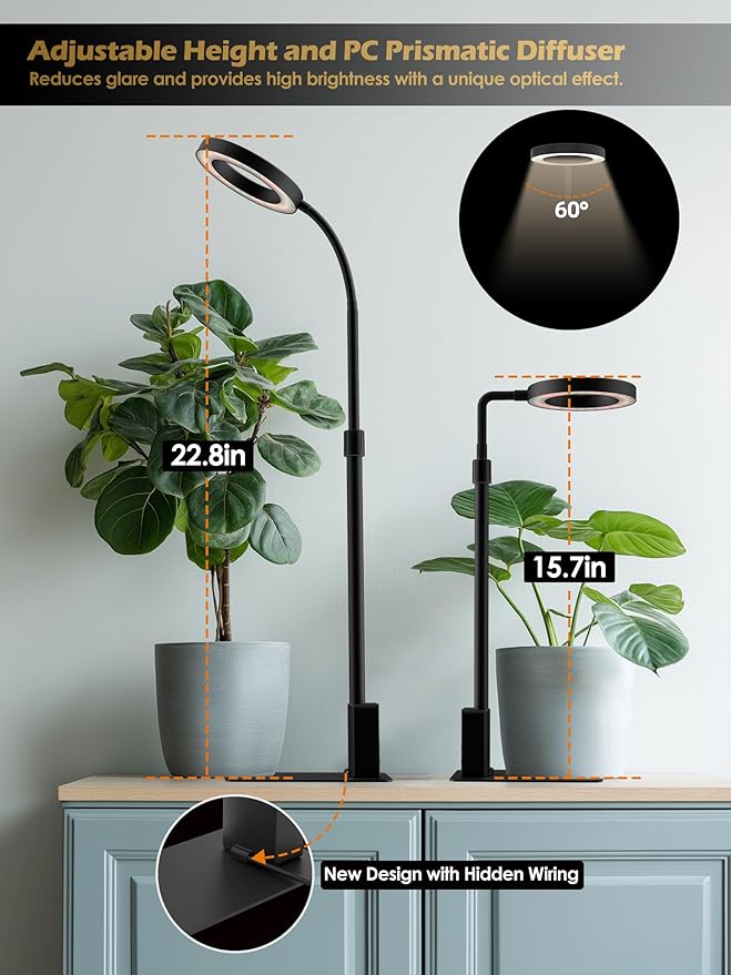 Smart Grow Lights for Indoor Plants, Plant Light with Auto-Timer, Full Spectrum LED Grow Light, Adjustable Height & Stepless Dimming,Plant Assistant Suitable for Most Plants (Black, 8W)