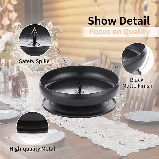 Pcs of 4 Spike Candle Holder Iron Candle Plate Pillar Candle Holder, Black, Decorative Iron Pillar Candle Plate, 3.6" Diameter Pedestal Candle Stand for LED & Wax Candles, Incense Cones, Spa, Weddings