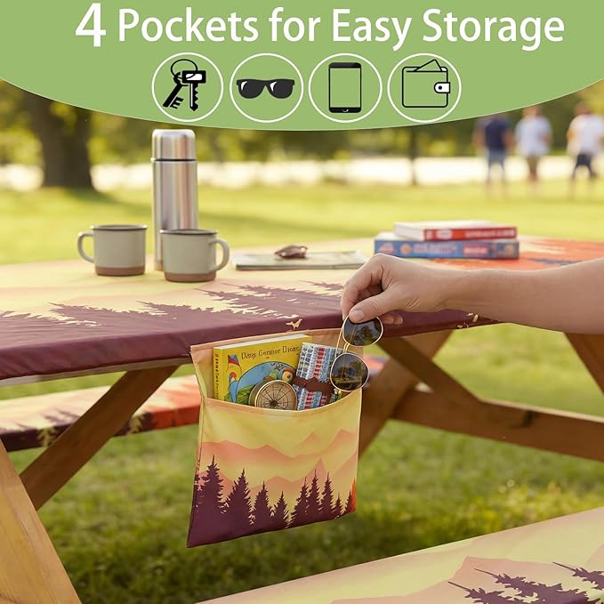 Fitted Waterproof Picnic Table Cover with Bench Covers Elastic Reusable Camping Table Cloths for 8Ft Rectangle Tables Summer Camp Motorhome Party Gear Outdoors Car Travel Trailer Gadgets Gift
